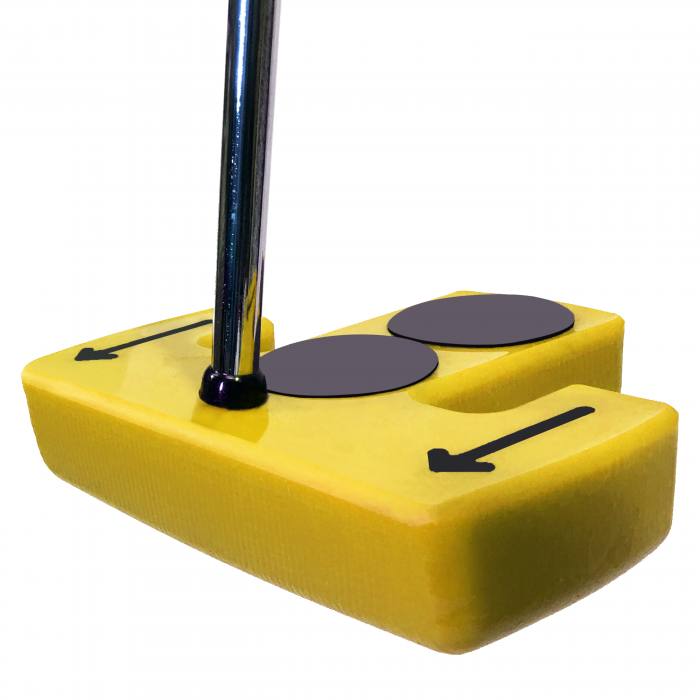 The Masters Putter (yellow) from a diagonal view. Great for face-on putting, which is also known as side-saddle putting or straight-forward putting.