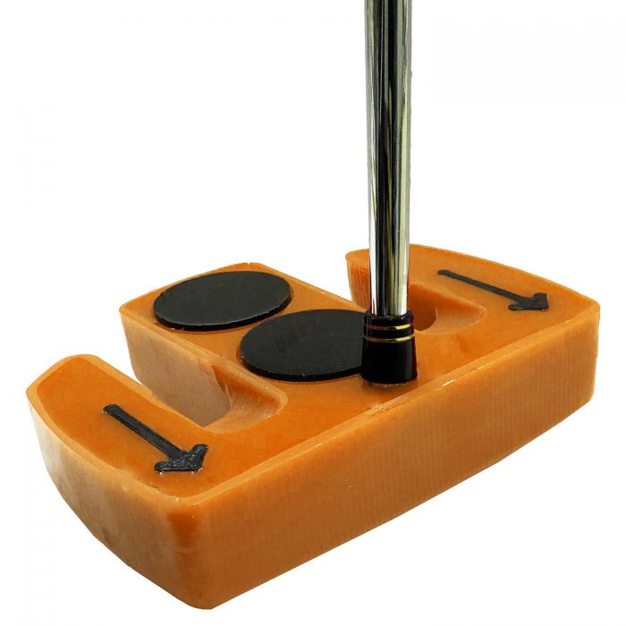 The Magic Putter (orange) from a front view. Great for face-on putting, which is also known as side-saddle putting or straight-forward putting.