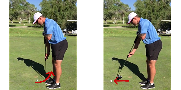 A golf professional demonstrating how to putt side-saddle, which is also known as front-on or straight-forward putting.